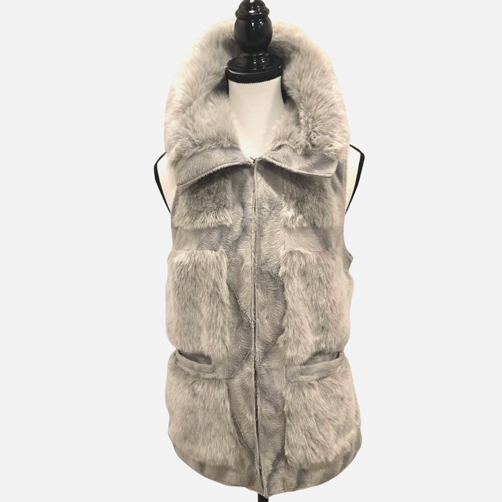 RLZ Rachel Zoe Gray Faux Fur Vest Jacket Women's XS Frog Closure Pockets Glam